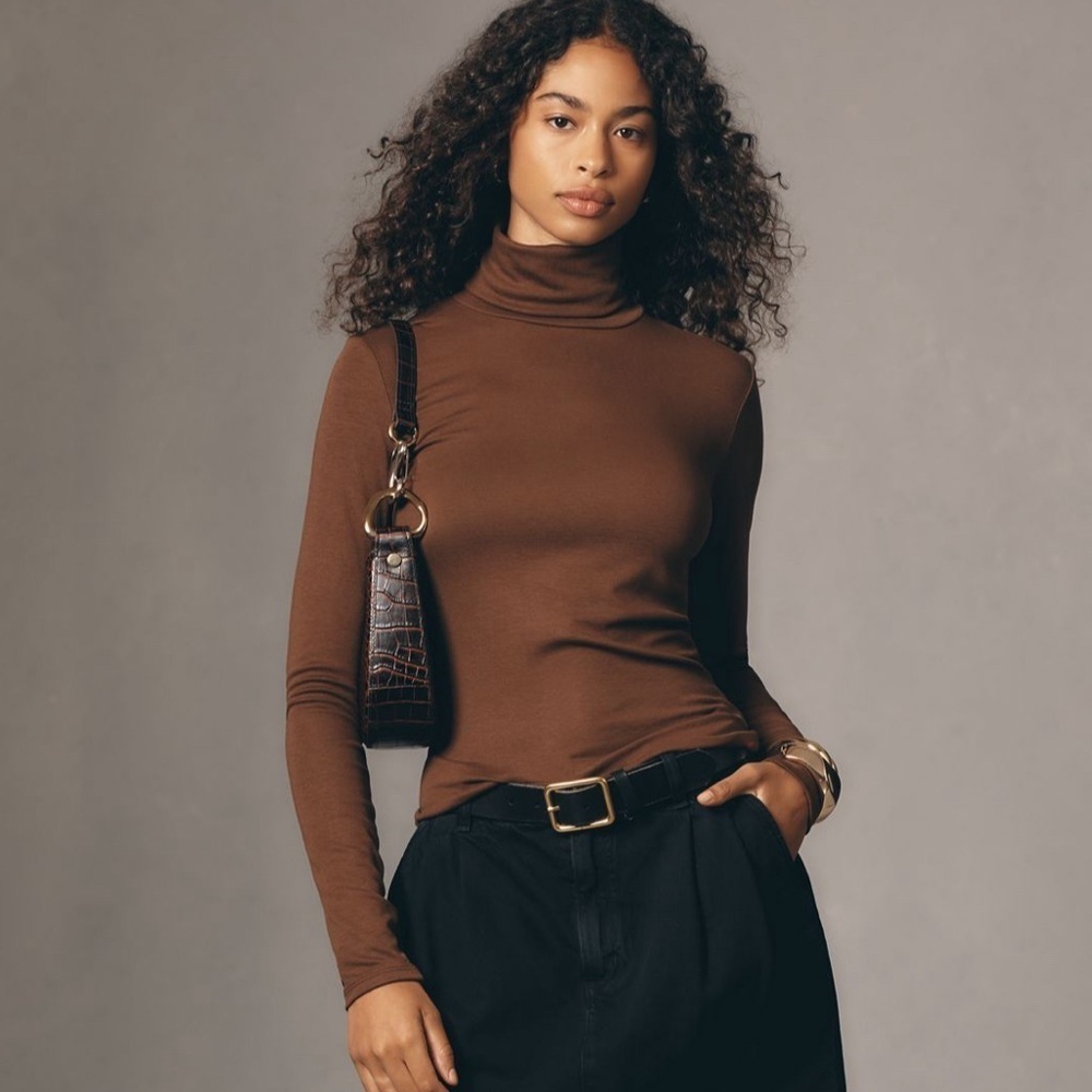 NWT! By Anthropologie Long-Sleeve High-Neck Baby Rib Top in Brown 🪴